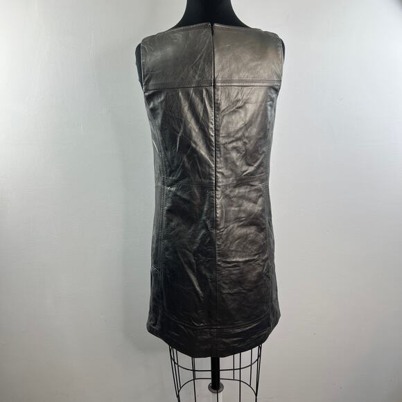 Elie Tahari Asphalt Black Mini Shift Dress Leather Split Neck Back Zip Size 6 - Picture 7 of 11